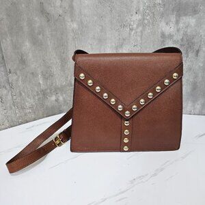 Yves Saint Laurent Studded Y Brown Pebbled‎ Leather Crossbody Bag Purse